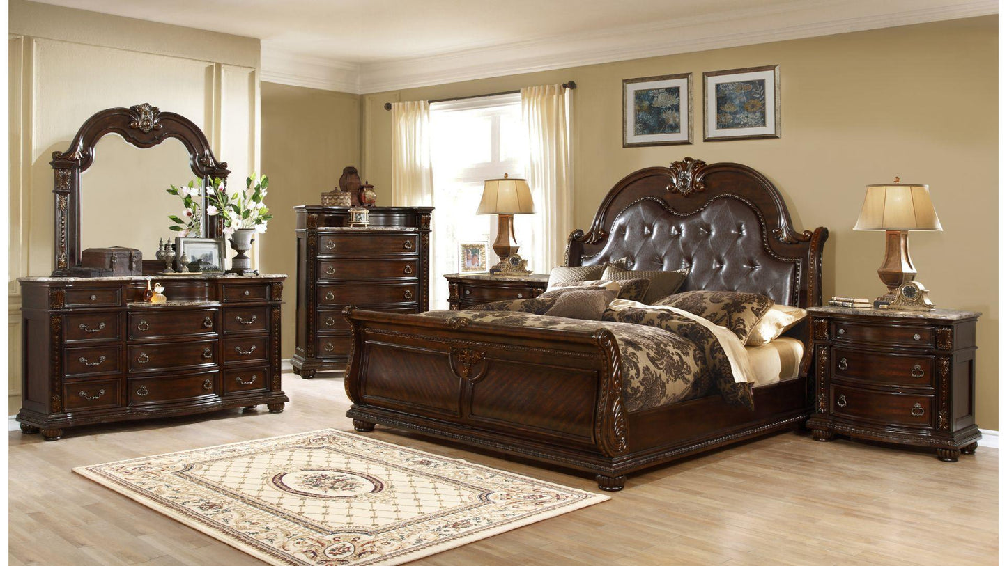ROMA - KING AND QUEEN BEDROOM COMPLETE SET - DARK WALNUT AND SILVER