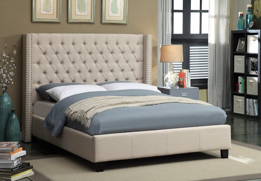 Grey Fabric Wing Bed with Deep Button Tufting and Nailhead Details