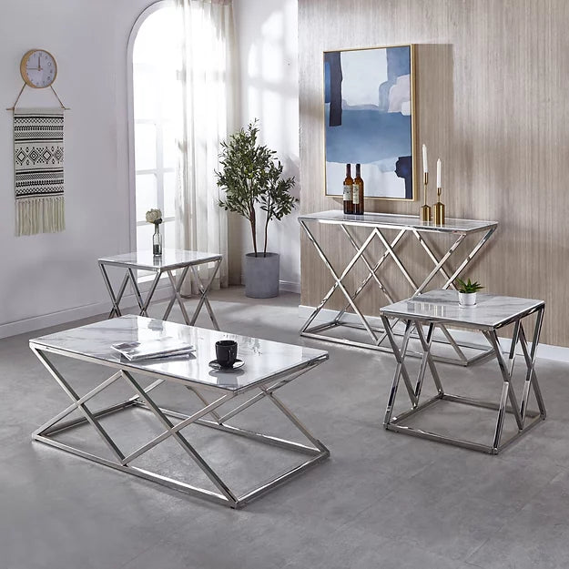 Coffee Table with 8mm White Marble Glass and Chrome Legs