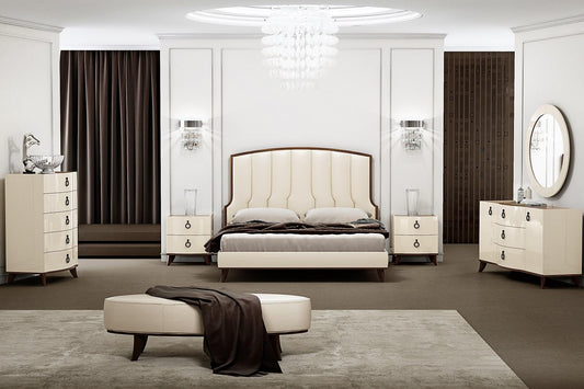 8 pcs high gloss laquer bedroom set with upholstered headboard, soft-close drawers and option to have mirror atach to dresser or wall.