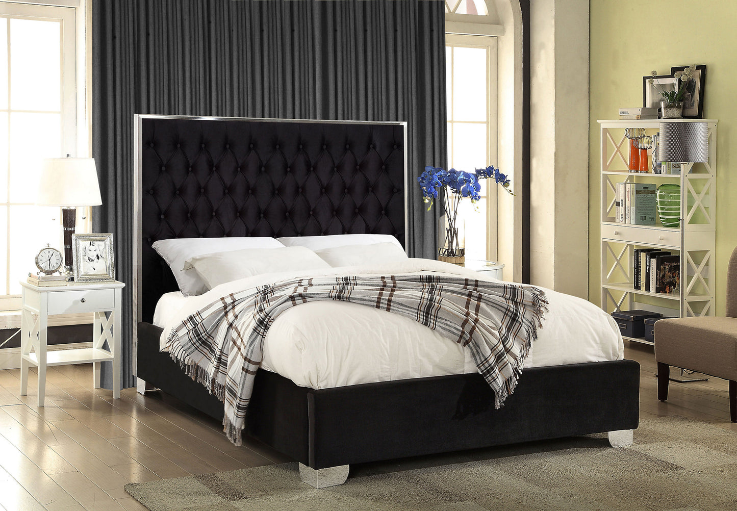 Black Velvet Fabric with Deep Tufting and Chrome Trim
