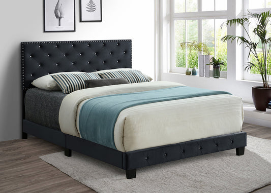 Queen Grey Velvet Bed with Nailhead Rhinestone