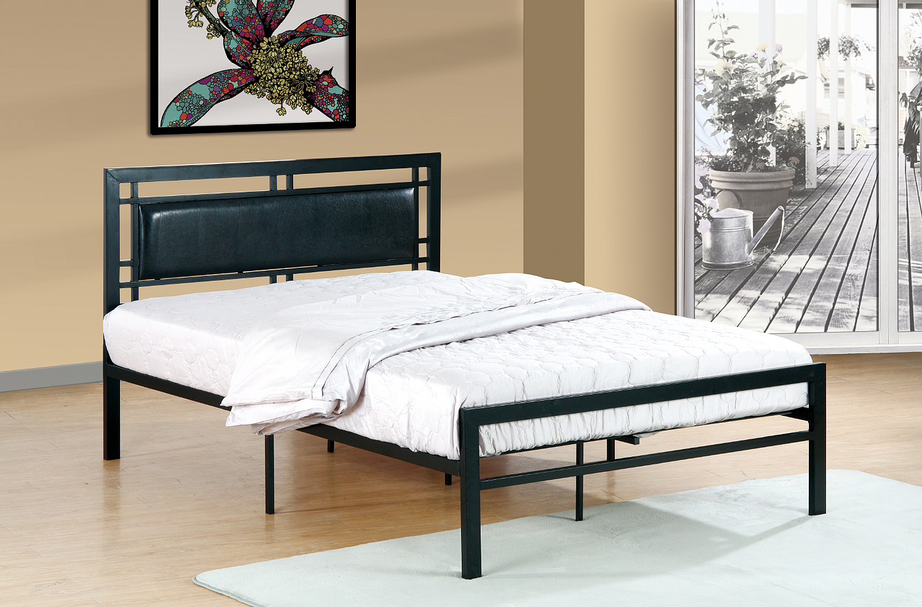 Black Steel Platform Bed w/ Black PU Panel single bed
