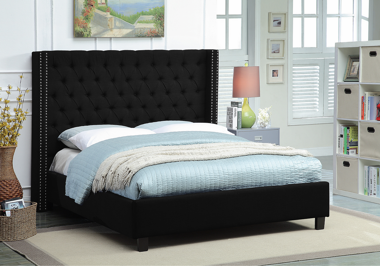 Green and Black Velvet Wing Bed with Deep Button Tufting and Nailhead Details
