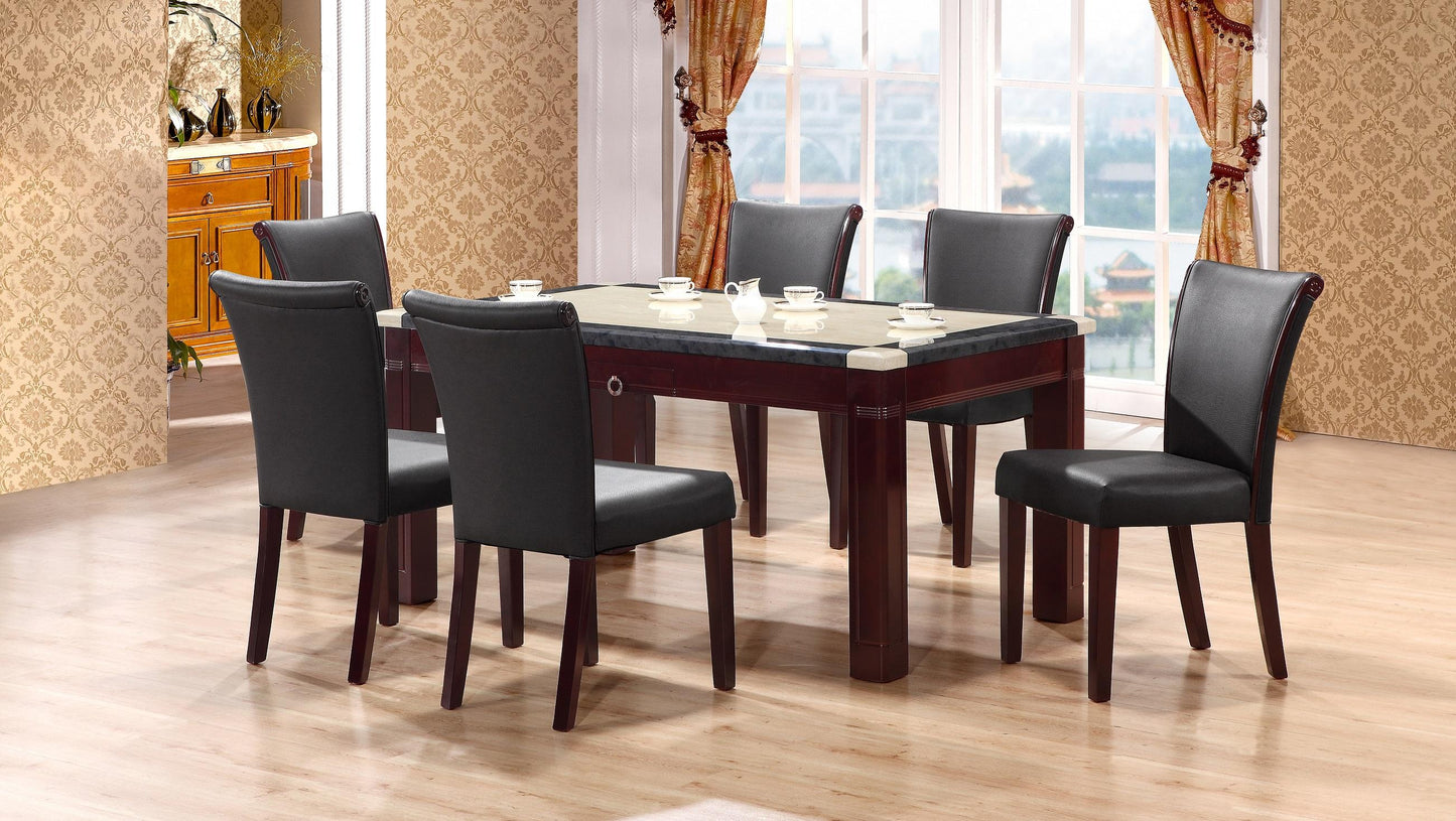 7 pcs Marble Top Dining Set with Cutlery Drawers and Faux Leather Chairs. Available as Shown.