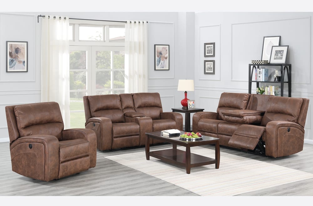 This power recliner sofa set includes multi-functional reclining features, memory foam and full back support for a comfortable rest and vertical contrast stitching.