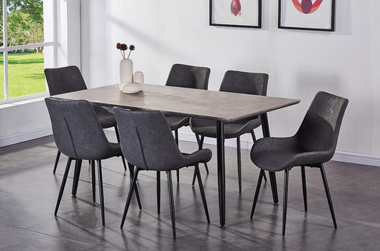 This modern design dining set is sure to impress with its concrete look table top and sturdy metal legs.